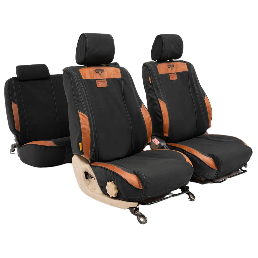 Beesdam African Seat Cover custom-fit seat covers - Charcoal canvas with Red leather