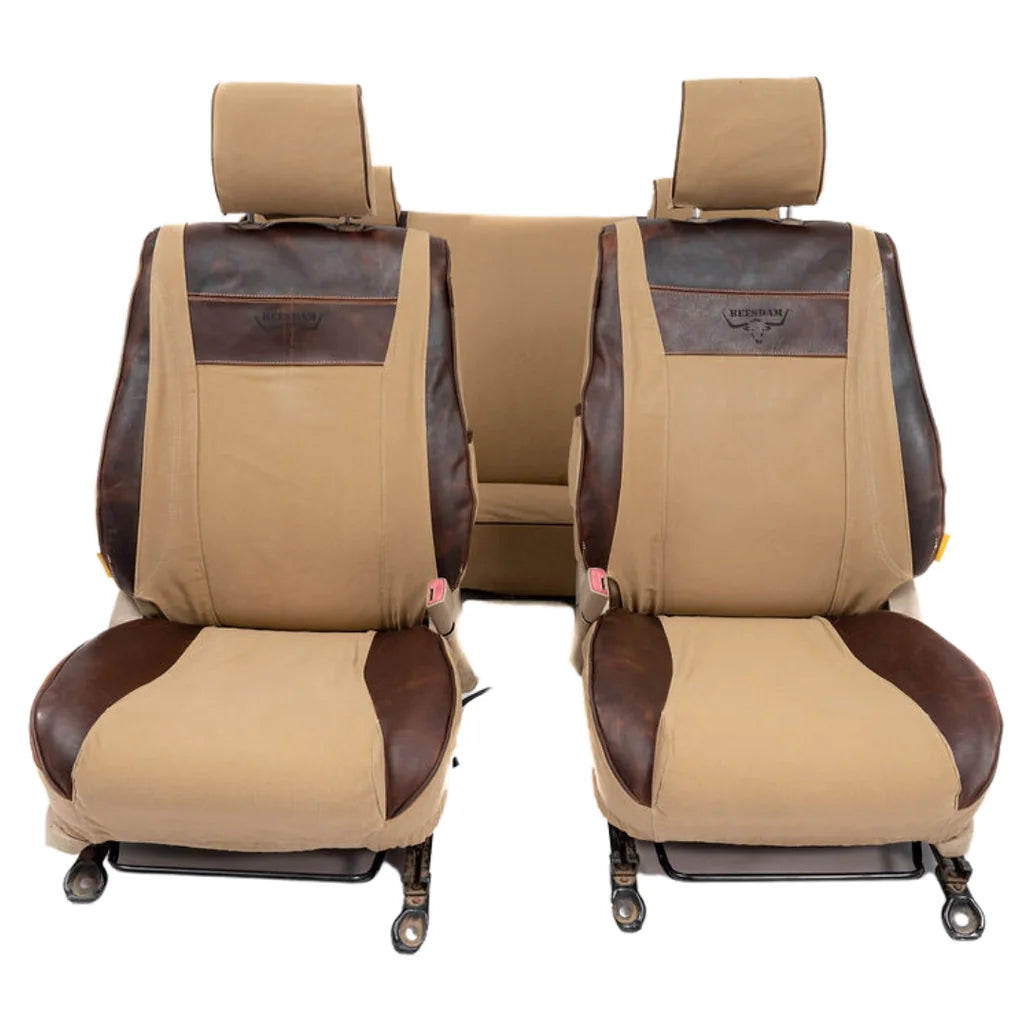 Beesdam Legacy Plus Seat Cover custom-fit seat covers - Sand canvas with Dark Brown leather