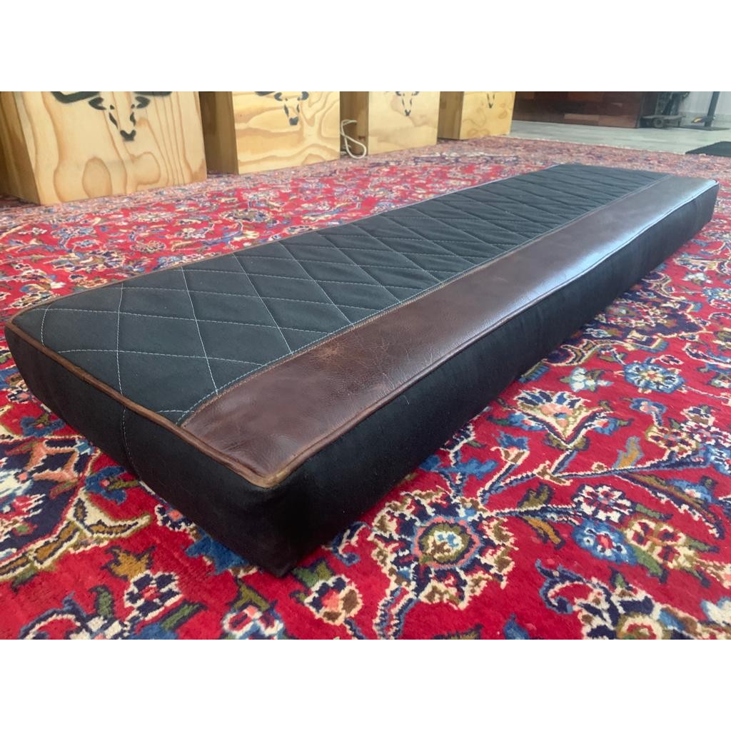 Beesdam Premium rear bench cover in Charcoal polycotton with diamond stitching, a Dark Brown leather panel and leather piping